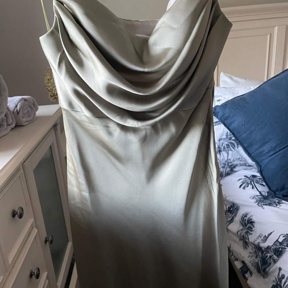 Skye satin dress in silver sage.